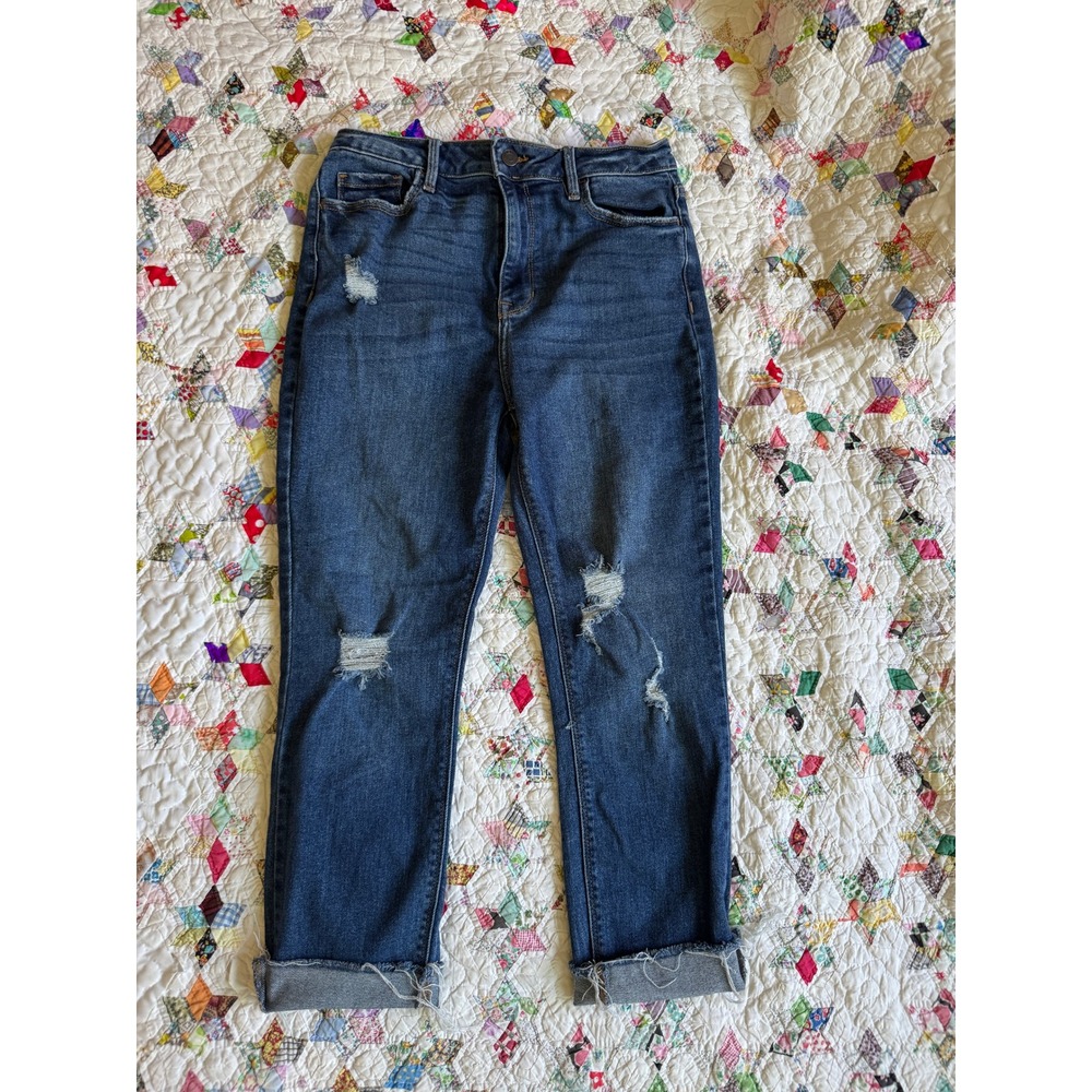 Cello High Rise Distressed Straight Leg Jeans Dark Wash Raw Hem Size 9 Indie